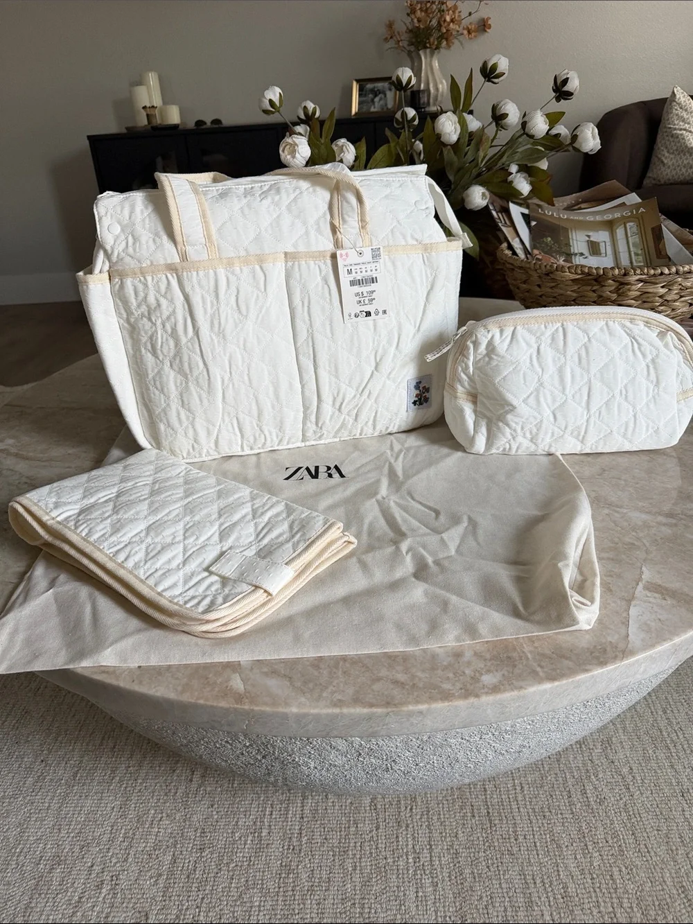 Zara Quilted Cream Diaper Tote with Pouch & Changing Pad